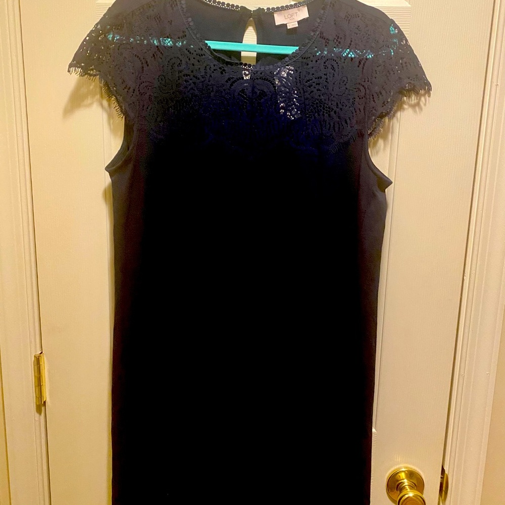 Loft navy blue lace top swing dress Large